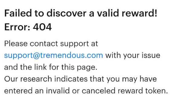 An example of the error 404 page a recipient may see if their reward was cancelled.