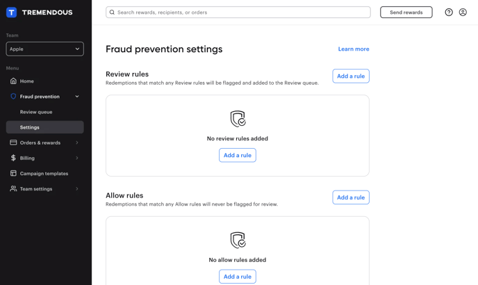 An image showing fraud prevention settings.