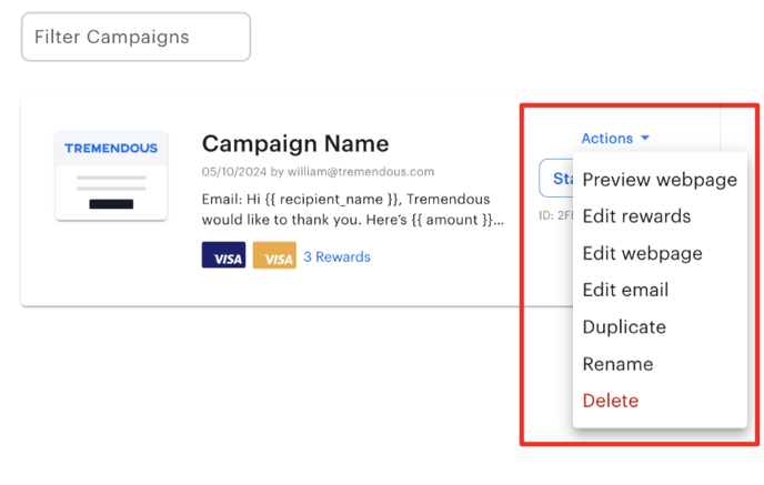 An image highlighting the actions menu in the campaign template settings.