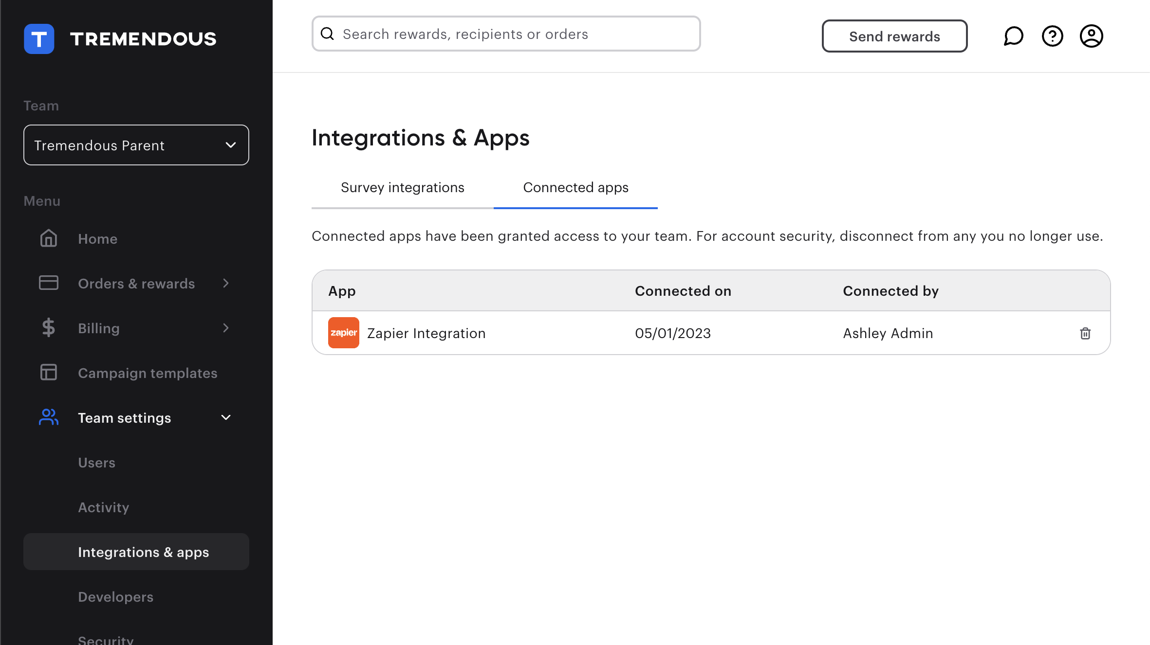 An image of the integrations & apps settings page.
