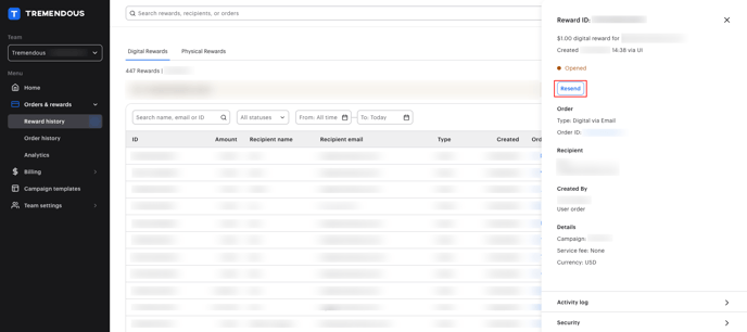 An image showing the resend reward button in the Tremendous dashboard 
