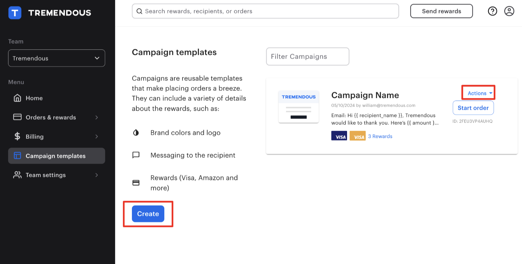 An image highlighting the create button in the campaign template settings.