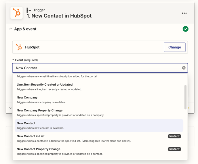 An image showing a Zap that will trigger contact creation in HubSpot.
