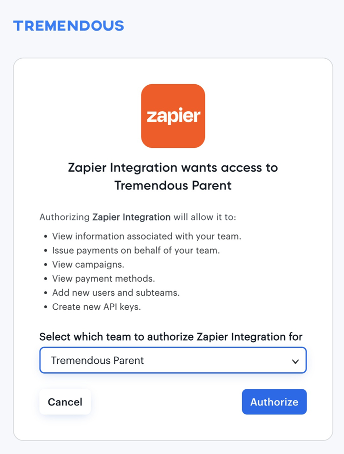 An image showing integration permissions between Zapier and Tremendous.