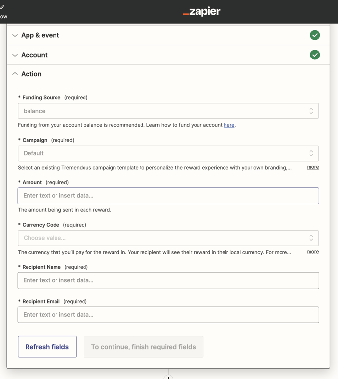 An image showing the Zapier actions settings.