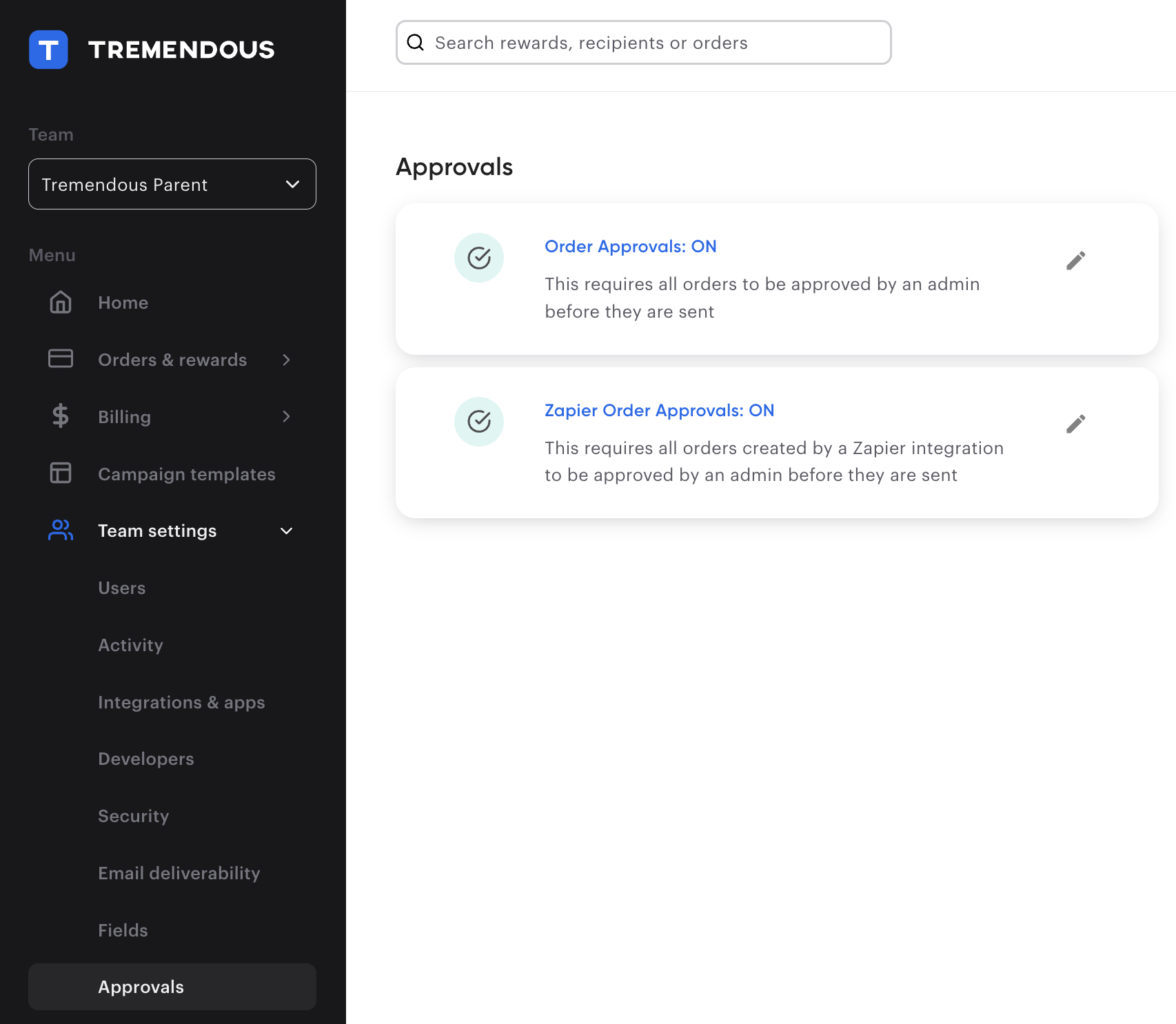 An image of the approvals settings page