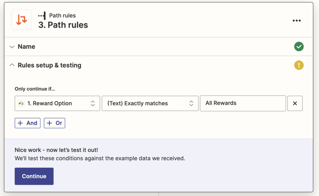 The Zapier Path rule states that the Airtable column 'Reward Option' must match the Tremendous campaign titled 'All Rewards'.