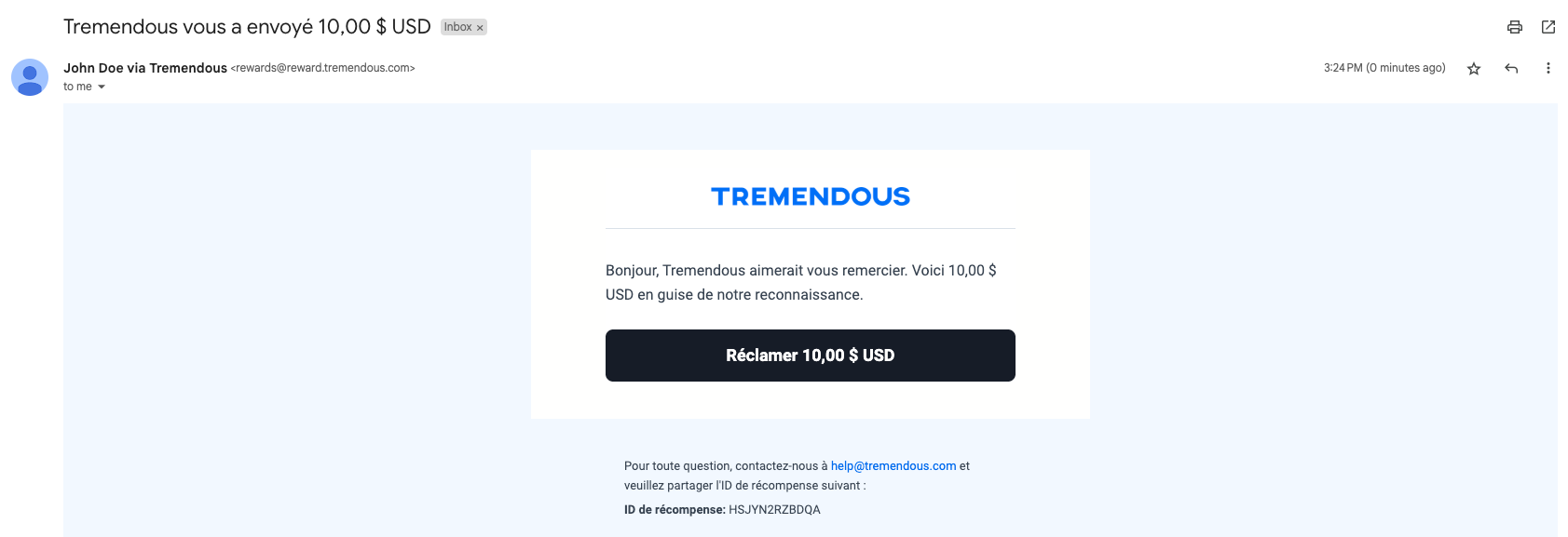 Exemple d'e-mail de récompense envoyé par rewards@reward.tremendous.com.