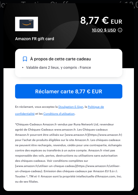 Les instructions d'utilisation, les conditions d'utilisation et autres informations de paiement sont affichées avant l'utilisation de la récompense Tremendous.