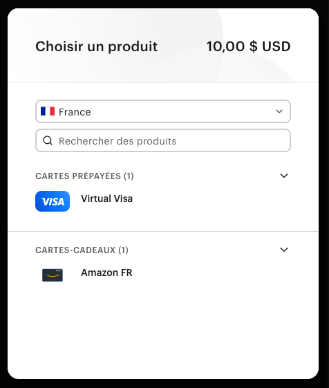 Exemple des options de paiement disponibles sur la page d'utilisation de la récompense Tremendous.