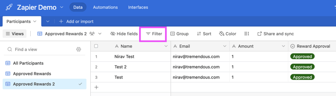 "Filtrar" está resaltado en la nueva vista de Airtable de recompensas de Tremendous aprobadas.