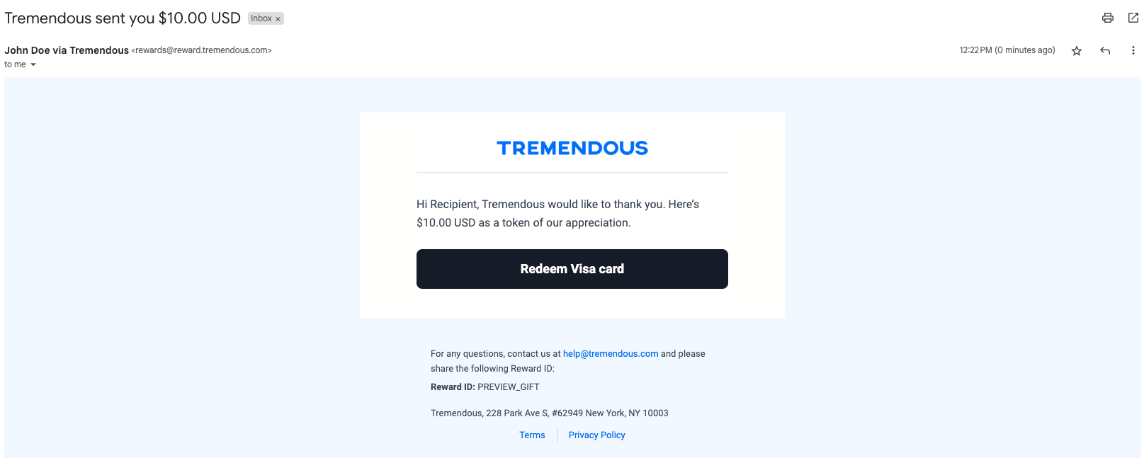 An example reward email from rewards@reward.tremendous.com.