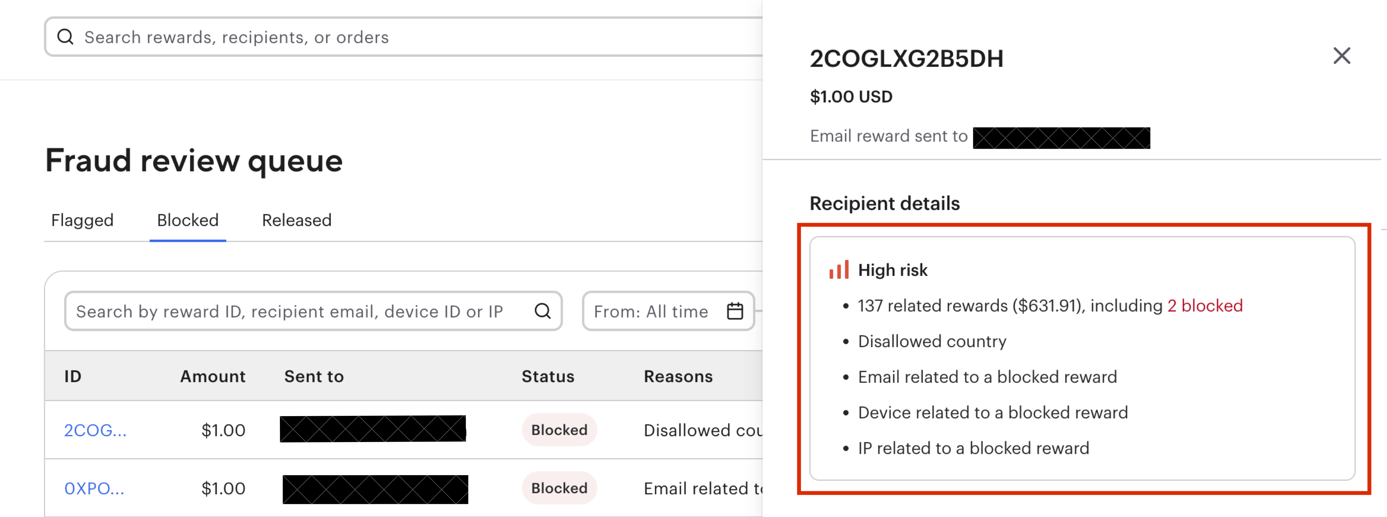 A screenshot of the fraud review queue. Clicking the highlighted "Recipient details" tile will reveal more information about the flagged reward.