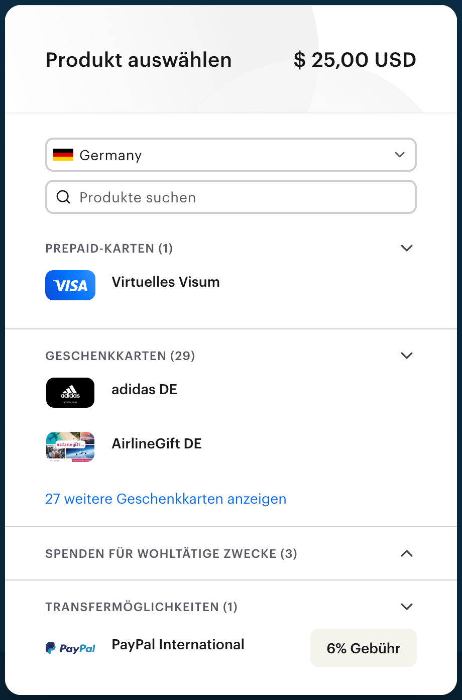 Ein Screenshot des Auswahlscreens für Auszahlungen. Die Auszahlungsoptionen PayPal, Venmo und Banküberweisung haben ein "6% Gebühr"-Abzeichen.
