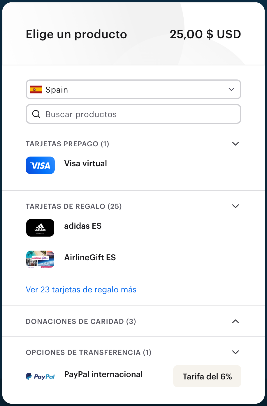 Una captura de pantalla de la pantalla de selección de pago. Las opciones de pago de PayPal, Venmo y transferencia bancaria tienen una insignia de "6% de tarifa" aplicada.