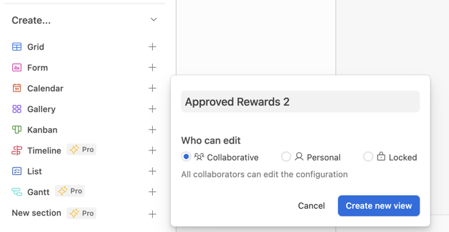The new Airtable grid view is titled "Approved Rewards 2" to display approved Tremendous rewards. Editing permissions are set to "collaborative".