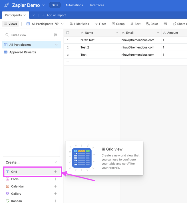 "Create grid view" is highlighted in the bottom left corner of the Airtable Base. The new grid view will be used to trigger Tremendous rewards through Zapier.