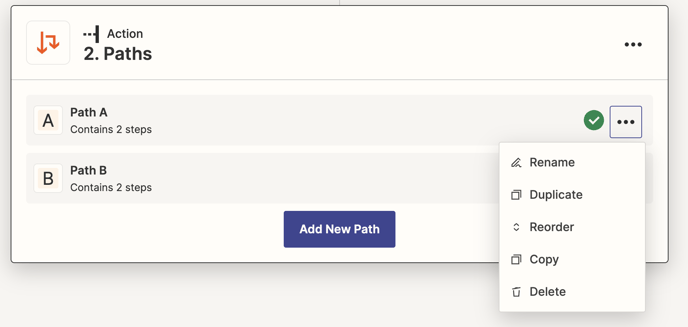 Zapier Paths can be renamed. In the Zap integrating Airtable with Tremendous, Path A's "More Options" menu is highlighted and "Rename" is selected.