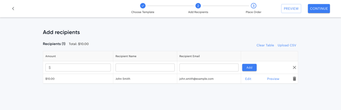 Screenshot of the recipients table with 1 example recipient