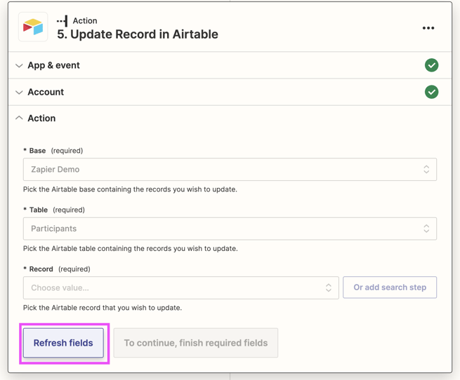 To automatically update Airtable when a Tremendous reward is sent, a Zapier "Update record" action is created.