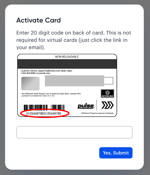 Example image of the back of a Tremendous prepaid card with a 20-digit barcode number circled in red.