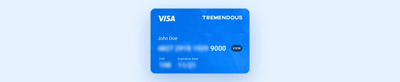 Example image of a blue Tremendous prepaid Visa card.